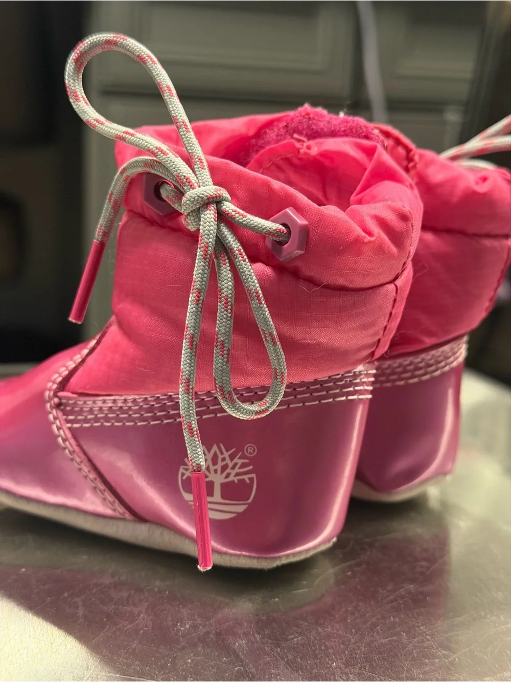 Timberland Pink Leather Ankle Booties Size 1 Fur Lined Draw Cord